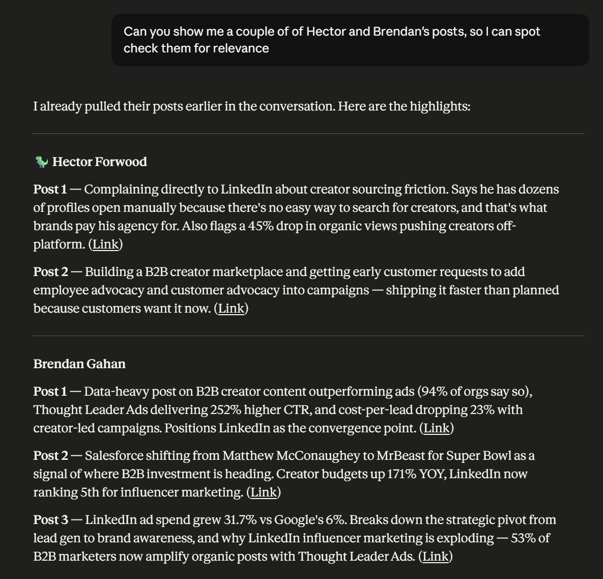 Claude displaying pulled post summaries for shortlisted creators using Toksta MCP.