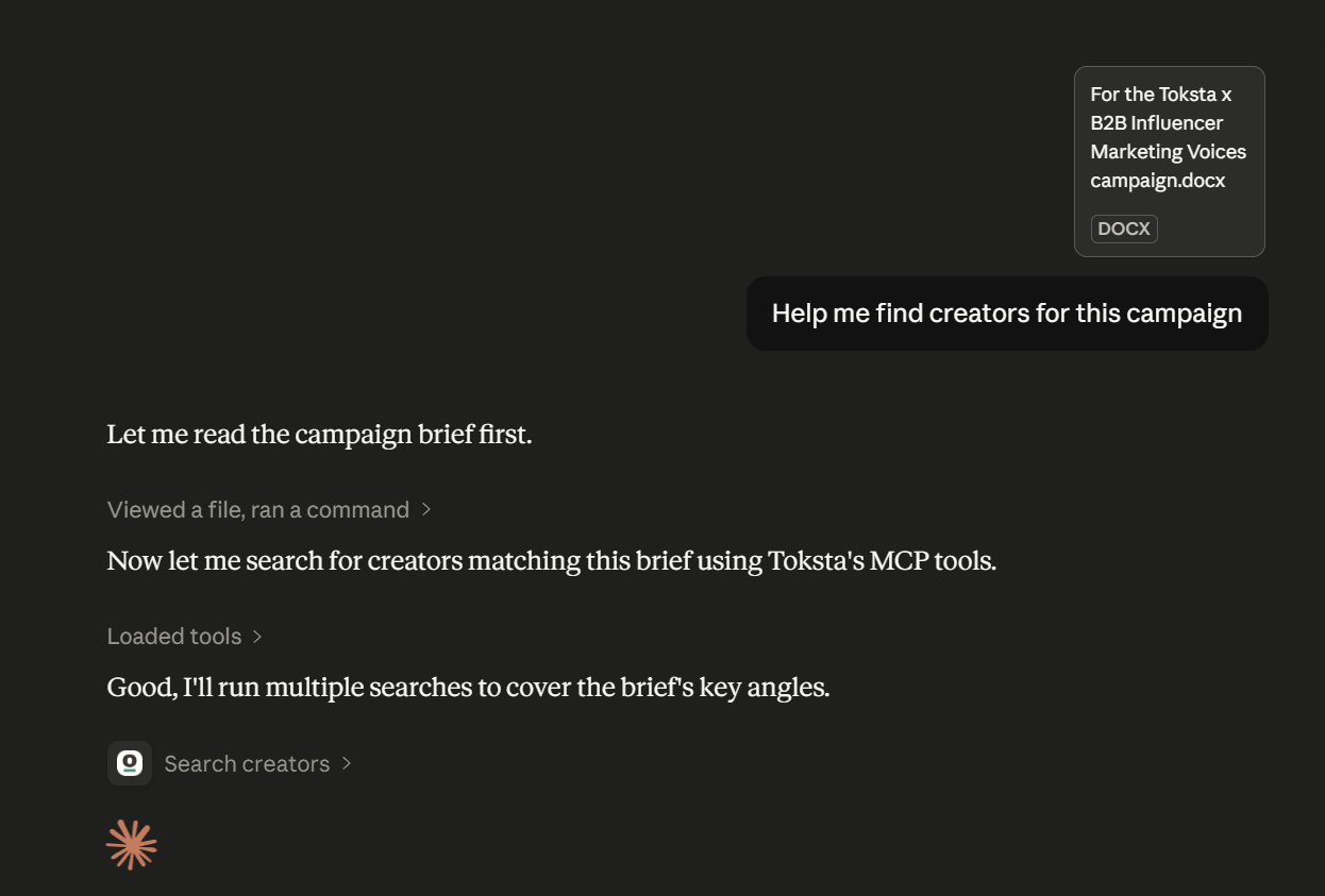 Claude reading a campaign brief and starting a creator search with Toksta MCP tools.